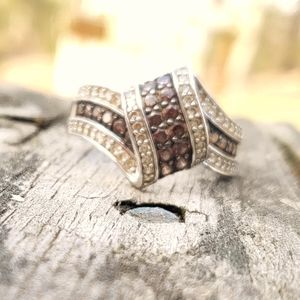 Chocolate and white diamond paved sterling silver ring size 10